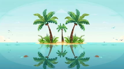 Vector illustration of beautiful scenic landscape of tropical sea island with palm tree