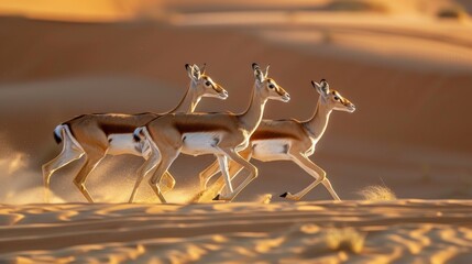 Fototapeta premium Three gazelles run across a desert landscape, their slender bodies and long legs propelling them forward with effortless speed