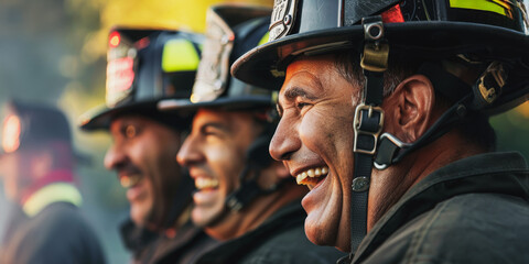 Happy firefighters with helmets