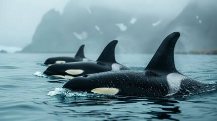 Fototapeta premium Three orcas surface in a foggy ocean, their sleek black and white bodies cutting through the water