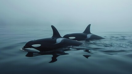 Fototapeta premium Two orcas breach the surface of the water, their sleek bodies glistening in the light, as they emerge from the mist-filled ocean