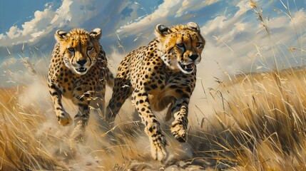 Two cheetahs race across a dusty savanna, their spotted coats blending with the tall grass