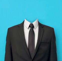 Closeup photography of a black business suit and black tie at center isolated bright blue background