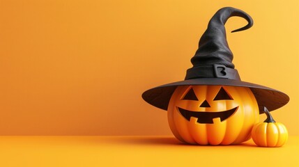 Classic Halloween decoration, a carved orange pumpkin with a scary face lit by a candle inside orange background