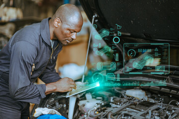 Engineer Mechanic using Advance technology software application check tuning engine car ECU concept.