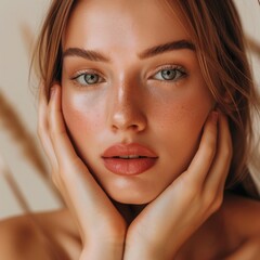 A close-up beauty portrait of a brunette woman with long hair and makeup
