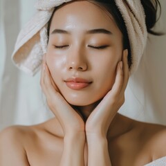 A woman with a towel wrapped her head relaxes at a spa for a facial treatment