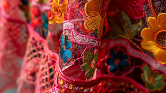 Close-up of a Paraguayan ao po&acirc;&euro;&trade;i embroidery, highlighting the delicate lace work and cultural pride.