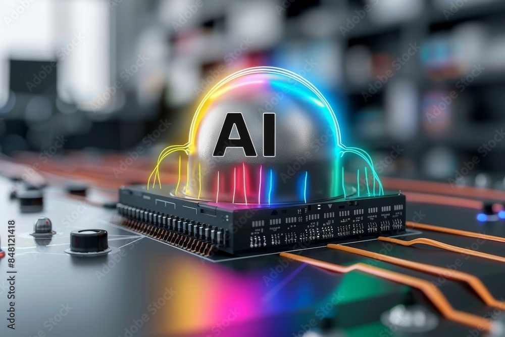Poster neon lit ai data center with high tech servers and digital interfaces