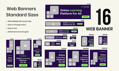 Online learning web set banner design for social media posts, abstract web banner design templates