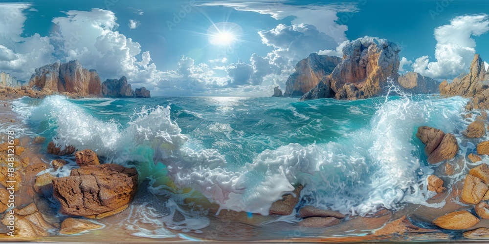 Wall mural an immersive 360-degree panorama of a rugged coastline, battered by crashing waves and sculpted by t - Wall murals