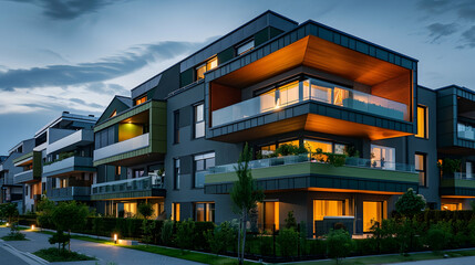 A stylish residential complex with a dark gray and green color scheme, glass balconies, and a...