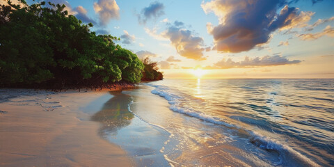 Peaceful beach at sunrise with waves