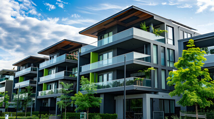 A stylish residential complex with a dark gray and green color scheme, glass balconies, and a slanted roof