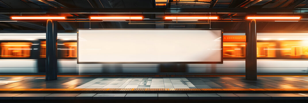 An empty advertisement board is displayed at a contemporary subway station while a train moves in the background