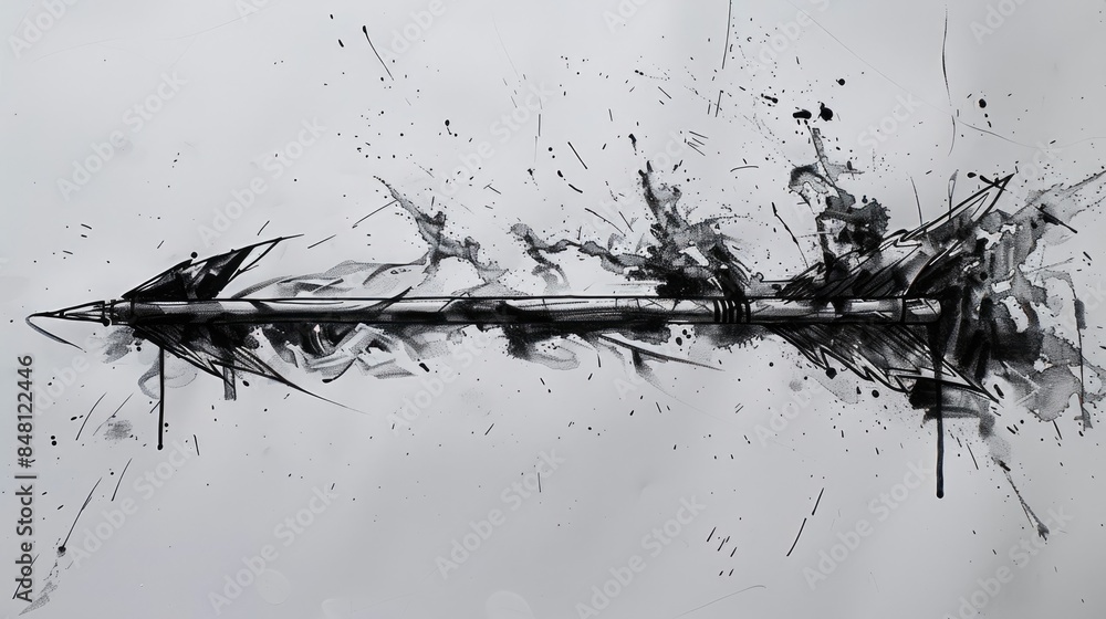 Poster black marker drawing of a realistic arrow with ink lines on a white background
