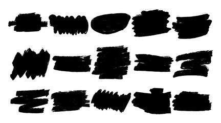 Set of hand-drawn black marker strokes with doodles. Rough, organic look, vary in size and shape. Isolated on white background.