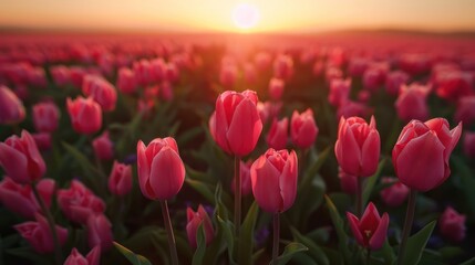 Fields of colorful tulips blooming all the way to the horizon