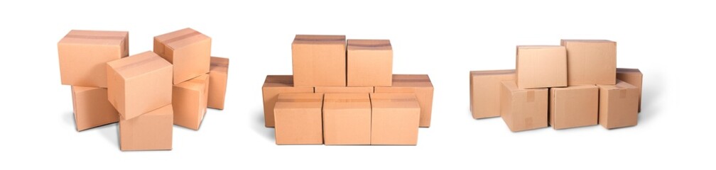 Title: cardboard pile or piles box or stack carton isolated on white background. Online marketing packaging boxes and delivery
