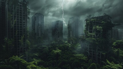 Naklejka premium Abandoned city debris in thunderstorm with lightning belt with green plants growing. Post apocalypse scene.