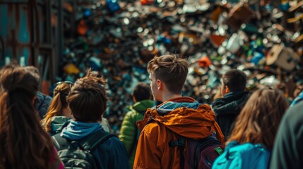 Fototapeta premium A group of people faces a massive pile of garbage, highlighting environmental issues and the need for waste management solutions.