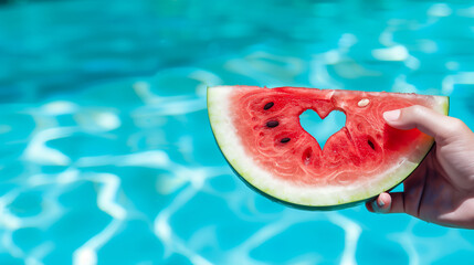 hand holding a watermelon slice with a heart inside at summer pool background