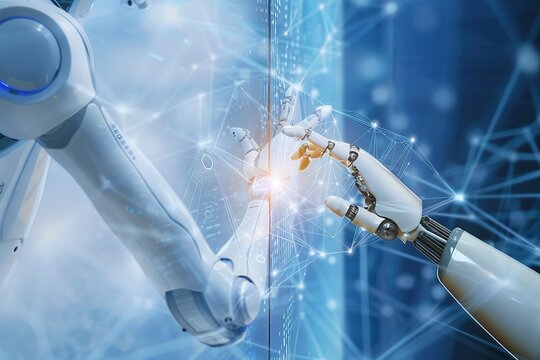 AI, Machine learning, Hands of robot and human touching on big data network connection, Data exchange, deep learning, Science and artificial intelligence hi tech, mechanical technology,