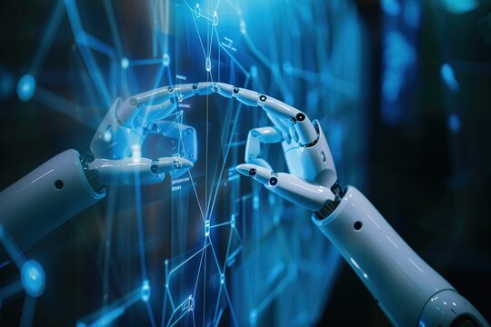 AI, Machine learning, Hands of robot and human touching on big data network connection, Data exchange, deep learning, Science and artificial intelligence hi tech, mechanical technology,