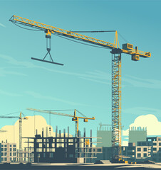 Fototapeta premium Construction crane on a construction site against the background of buildings under construction.