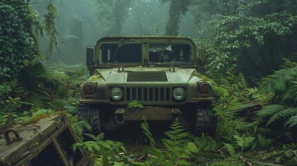 Obraz premium Abandoned military base debris with green plants growing. Post apocalypse scene.