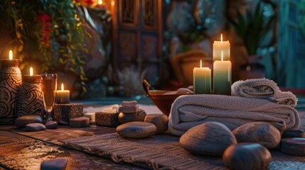 Spa ambiance featuring candles rocks towels soap and a mat