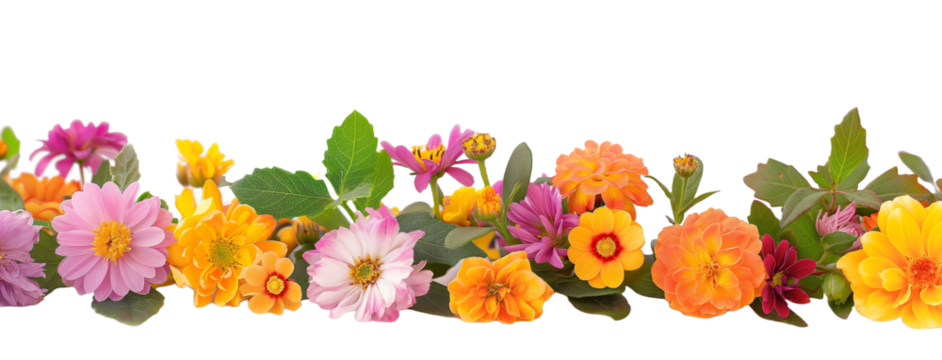 Colorful flower strip with leaves, side view on transparent background.