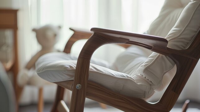Close-up of a rocking chair&acirc;&euro;&trade;s footrest in use, capturing the relaxing movement and restful pose in a nursery.
