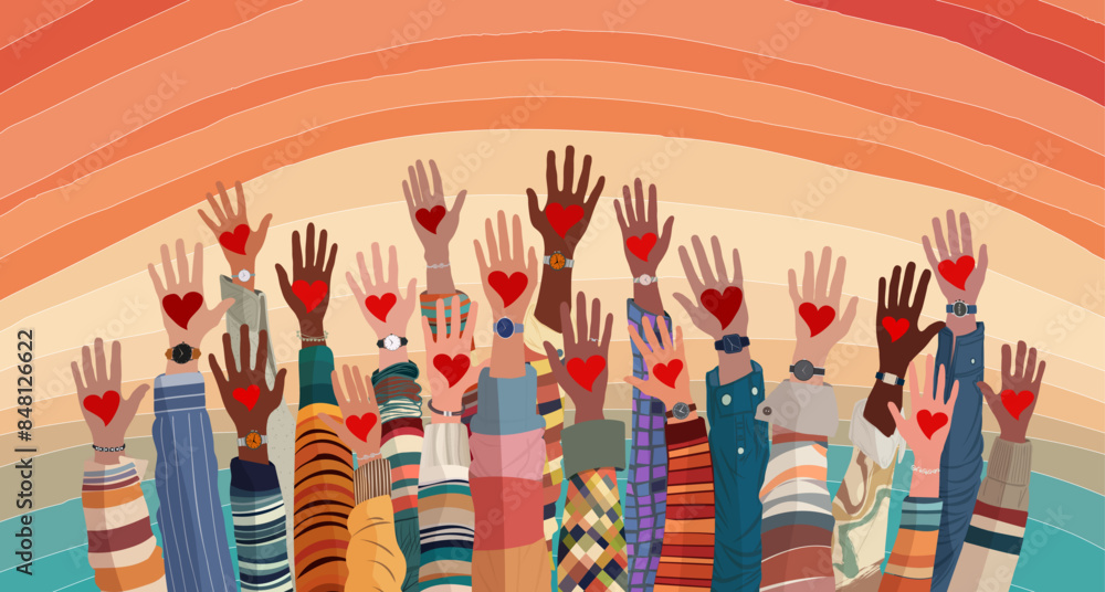 Wall mural banner whit raised hands of multicultural volunteer people holding a heart. charity and solidarity d - Wall murals