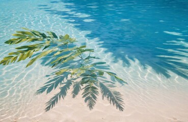 Tropical leaf shadow on water surface. Shadow of palm leaves on white sand beach. Beautiful abstract background concept banner for summer vacation at the beach
