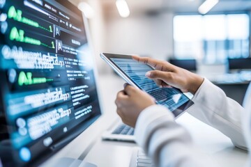 Scientist Using Tablet to Monitor AI Data in High Tech Lab