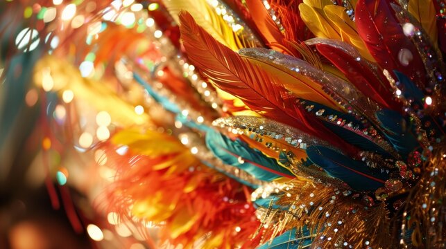 Close-up on a Brazilian Carnival costume, emphasizing the extravagant feathers and sparkling sequins.