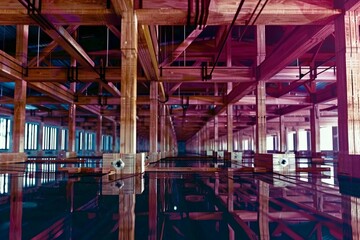 Fototapeta premium Stacked wooden beams in the warehouse, modern long building, bright light, blue and pink colors, photorealistic, fhd, hyper quality, generated with AI