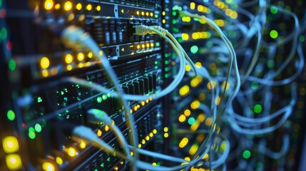 Close-up of server cables and connections with glowing lights