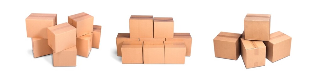 Title: cardboard pile or piles box or stack carton isolated on white background. Online marketing packaging boxes and delivery