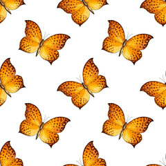 Obraz premium Hand drawn watercolor seamless pattern with orange yellow butterfly on a white background. Ornament for background, print, paper, summer design, insect with wings, textile, wallpaper, scrapbooking.