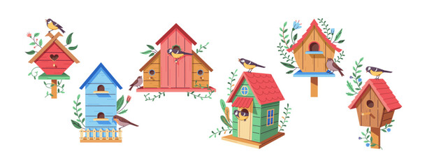 Birds nesting in birdhouses 2D cartoon objects set. Small wooden houses for avian animals flat line vector elements white background © ApoevArt