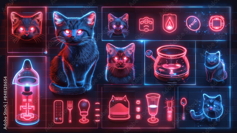 Poster create a collection of neon automated pet feeder symbols, including