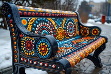 Colorful decorative bench in snowy outdoor park