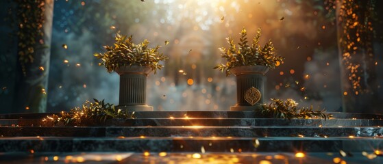 Three olympic green podiums decorated with a gate medal of golden laurel leaves, tv commercial, generated with AI