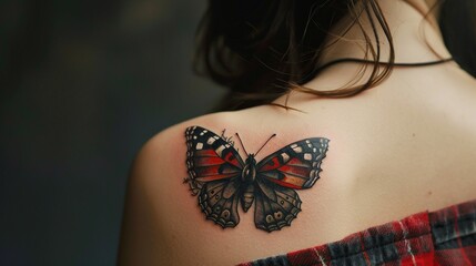 Beautiful butterfly tattoo on the skin of a female closeup view