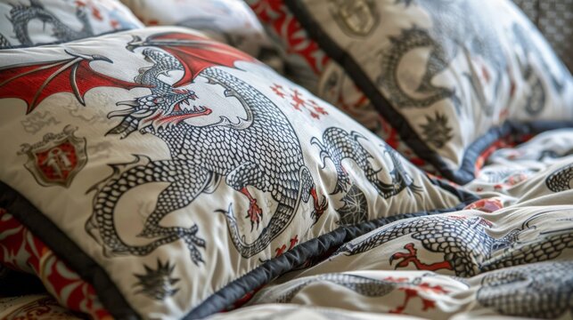Close-up of a knight and dragon-themed bedding set in a medieval-inspired child&acirc;&euro;&trade;s bedroom.