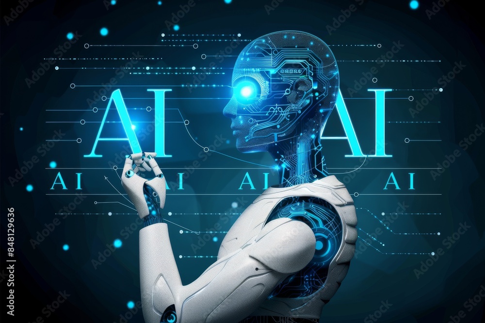 Poster futuristic ai robot with digital interface and blue lighting in a high tech environment