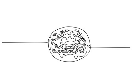 Continuous line art donut with strawberry cream melted with sprinkles for vector illustration. Concept fast food, street food, restaurant, business
