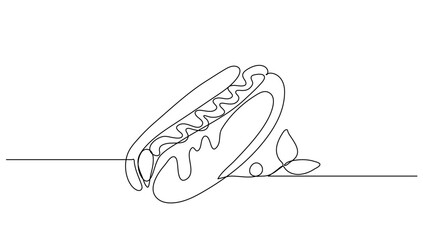 Continuous line art Hot Dog with ketchup and mayo melted for vector illustration. Concept fast food, food, restaurant, food business